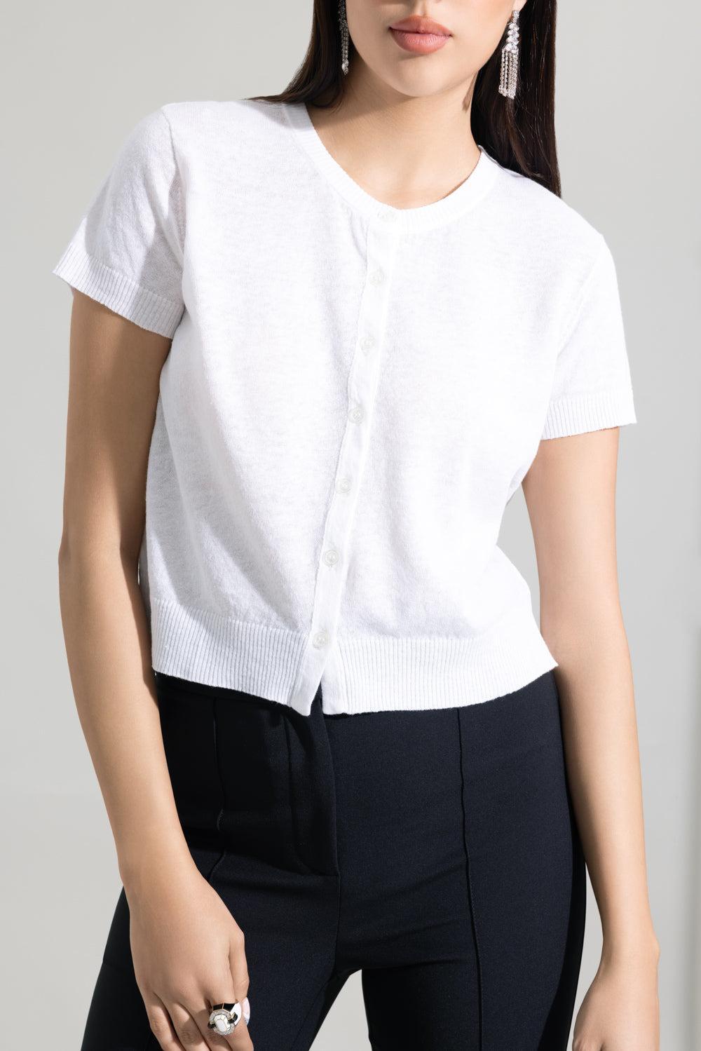 Short Sleeve Crop Cardigan - White-WHITE-XS-CLOTHINGTOPCARDIGAN-LARS ANDERSSON