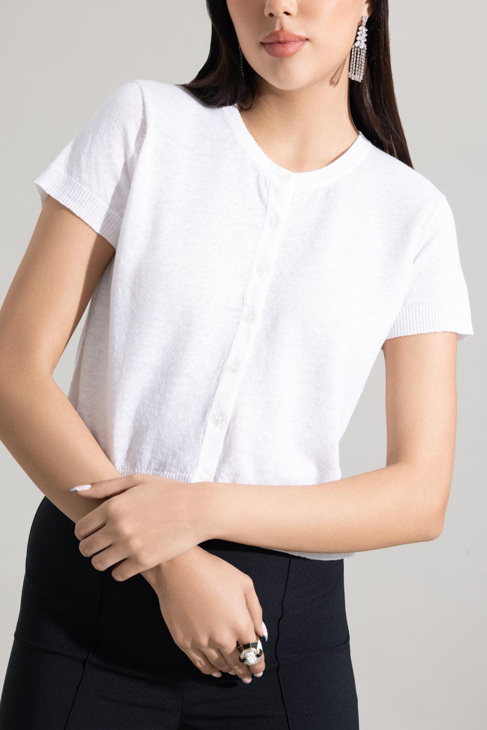 Short Sleeve Crop Cardigan - White-WHITE-XS-CLOTHINGTOPCARDIGAN-LARS ANDERSSON