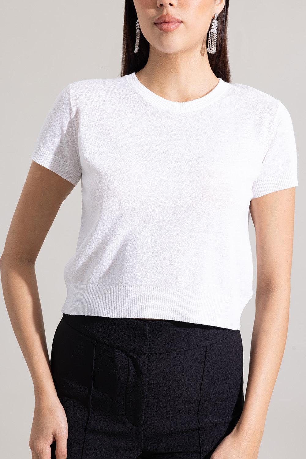 Short Sleeve Crop Crewneck Sweater-WHITE-XS-CLOTHINGTOPKNITS-LARS ANDERSSON