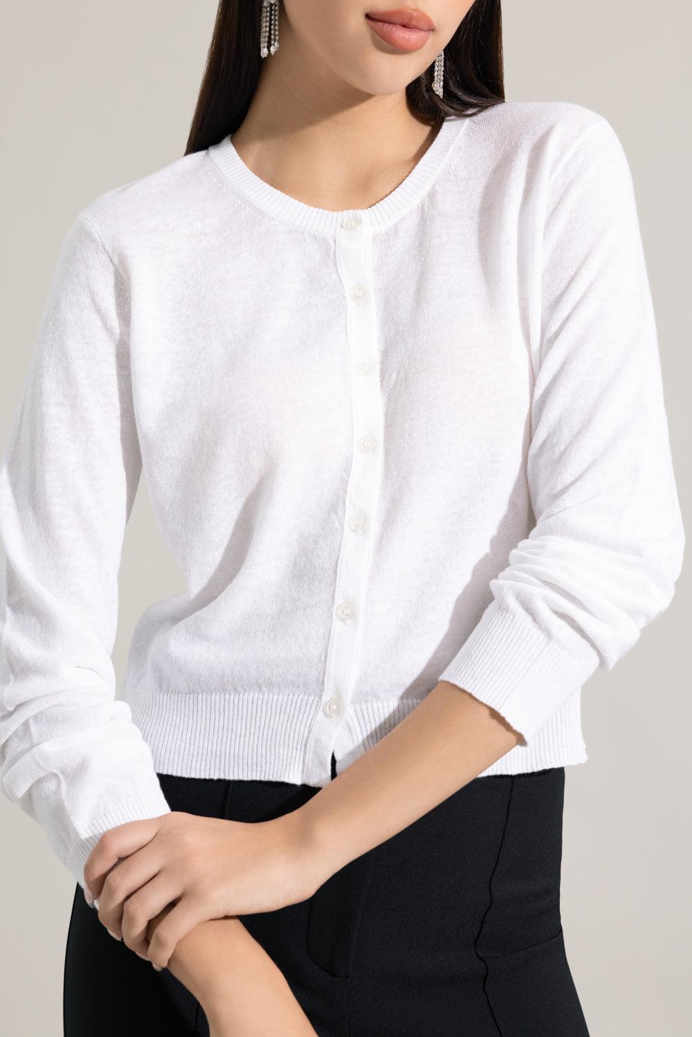 Long Sleeve Crewneck Cardigan - White-WHITE-XS-CLOTHINGTOPCARDIGAN-LARS ANDERSSON