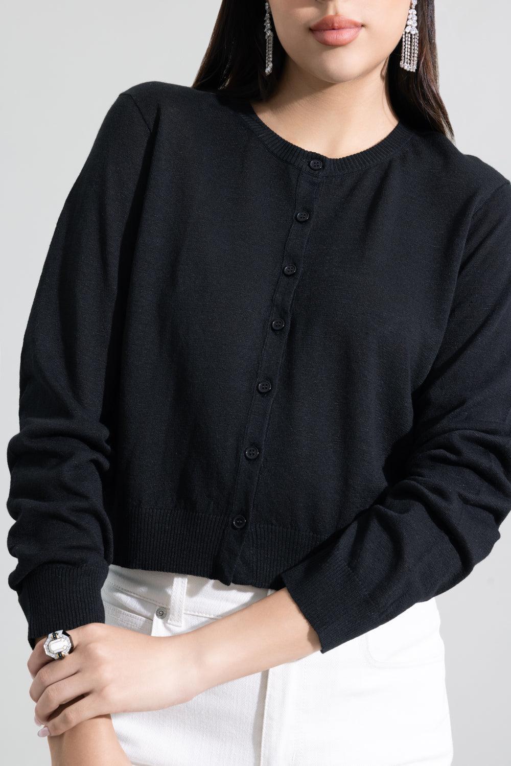 Long Sleeve Crewneck Cardigan - Black-BLACK-XS-CLOTHINGTOPCARDIGAN-LARS ANDERSSON