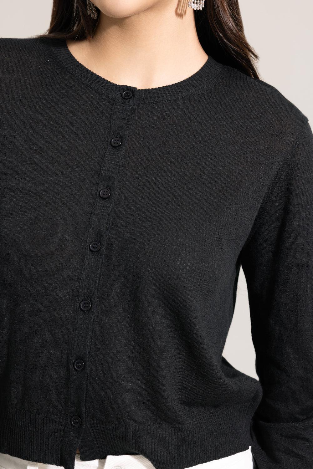 Long Sleeve Crewneck Cardigan - Black-BLACK-XS-CLOTHINGTOPCARDIGAN-LARS ANDERSSON