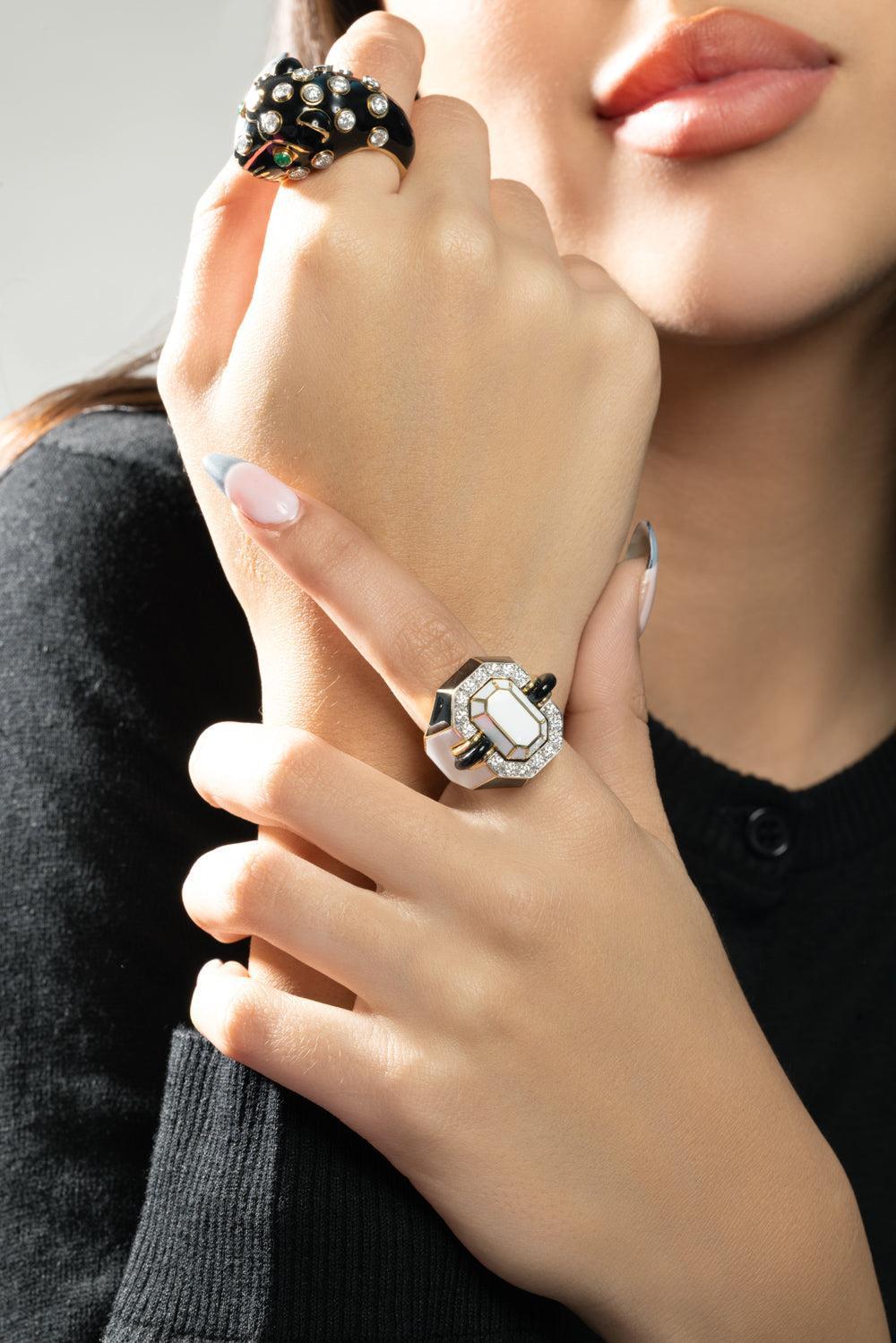 Onyx Black White Small Facet Ring-YELLOW GOLD-6.25-JEWELRYFINE JEWELRING-DAVID WEBB