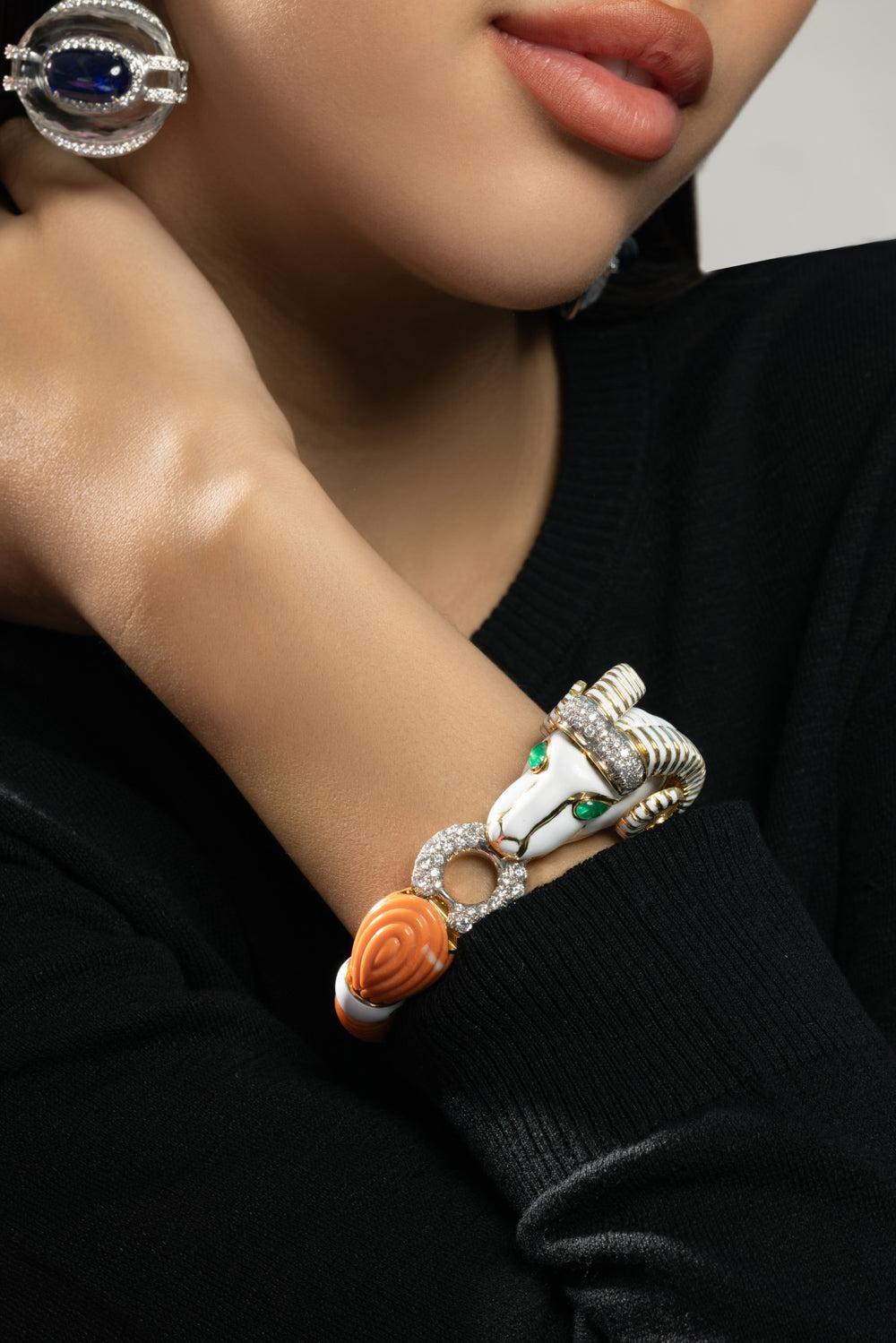 Emerald Coral White Ram Bracelet-YELLOW GOLD-JEWELRYFINE JEWELBRACELET O-DAVID WEBB