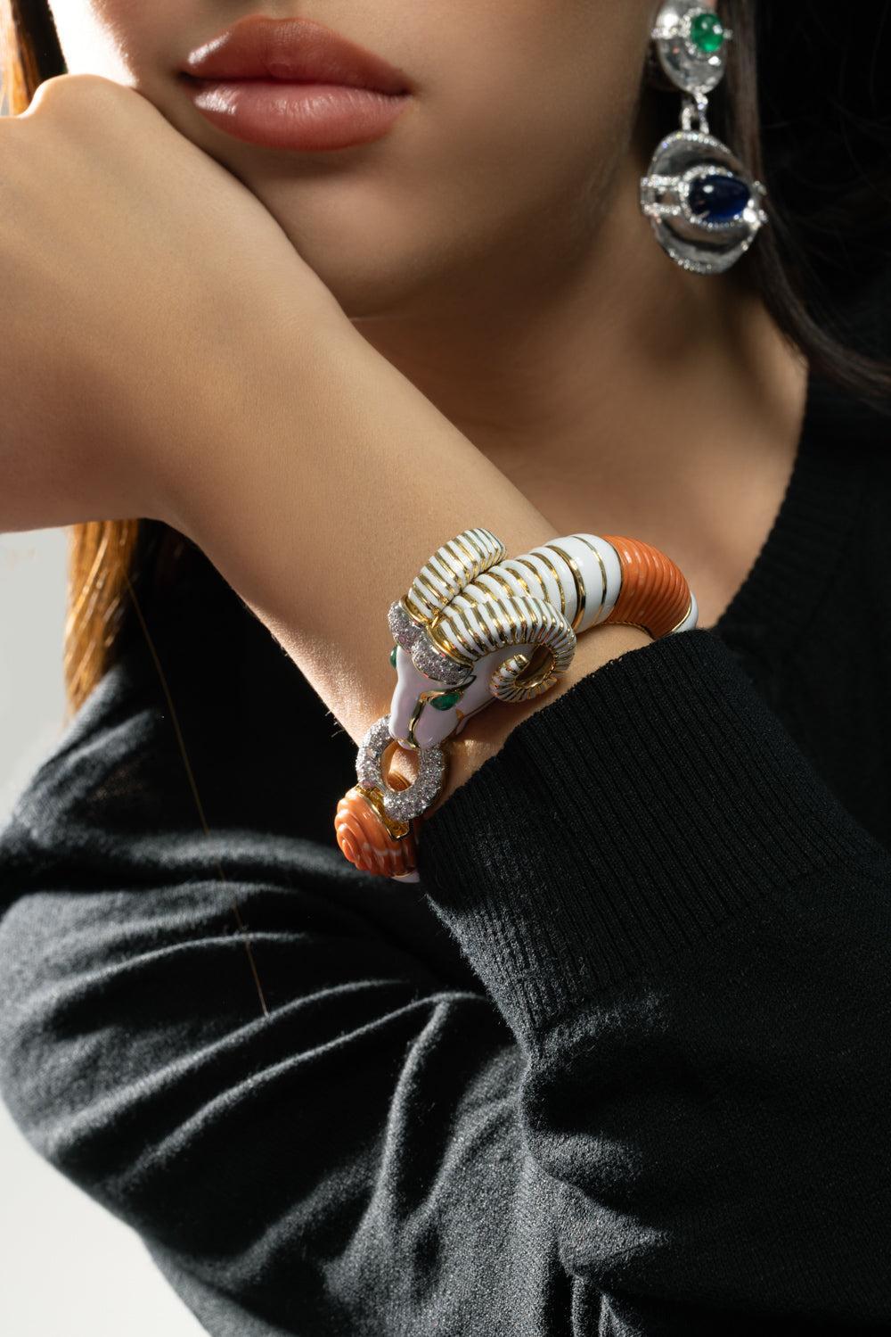 Emerald Coral White Ram Bracelet-YELLOW GOLD-JEWELRYFINE JEWELBRACELET O-DAVID WEBB