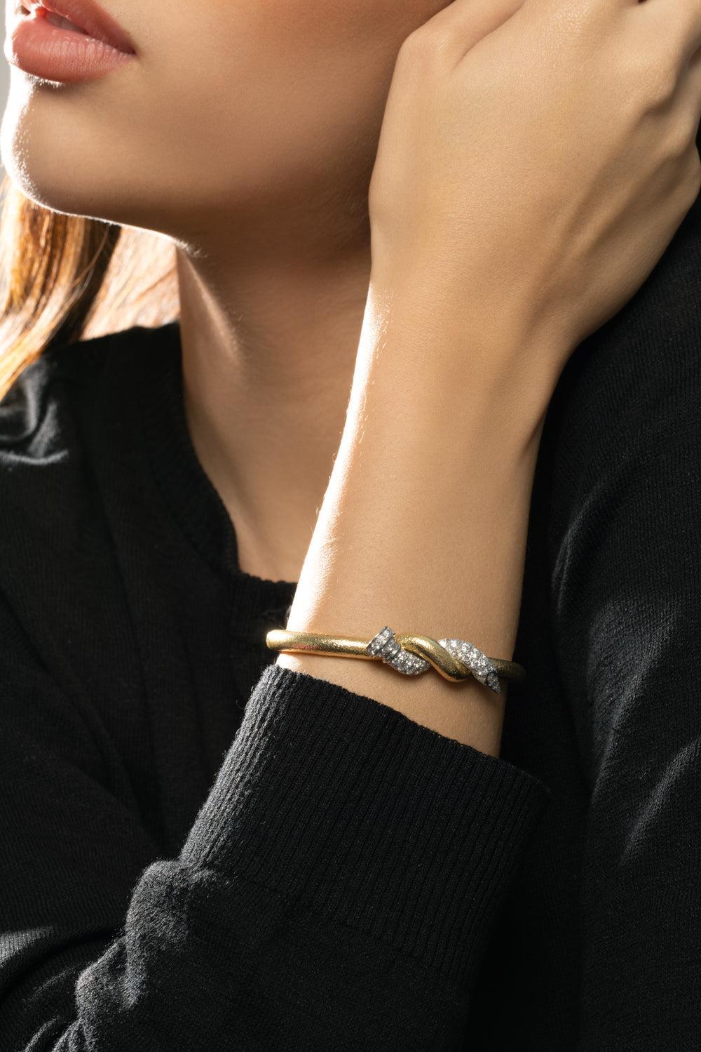 Two Tone Twisted Diamond Nail Cuff-YELLOW GOLD-JEWELRYFINE JEWELBRACELET O-DAVID WEBB