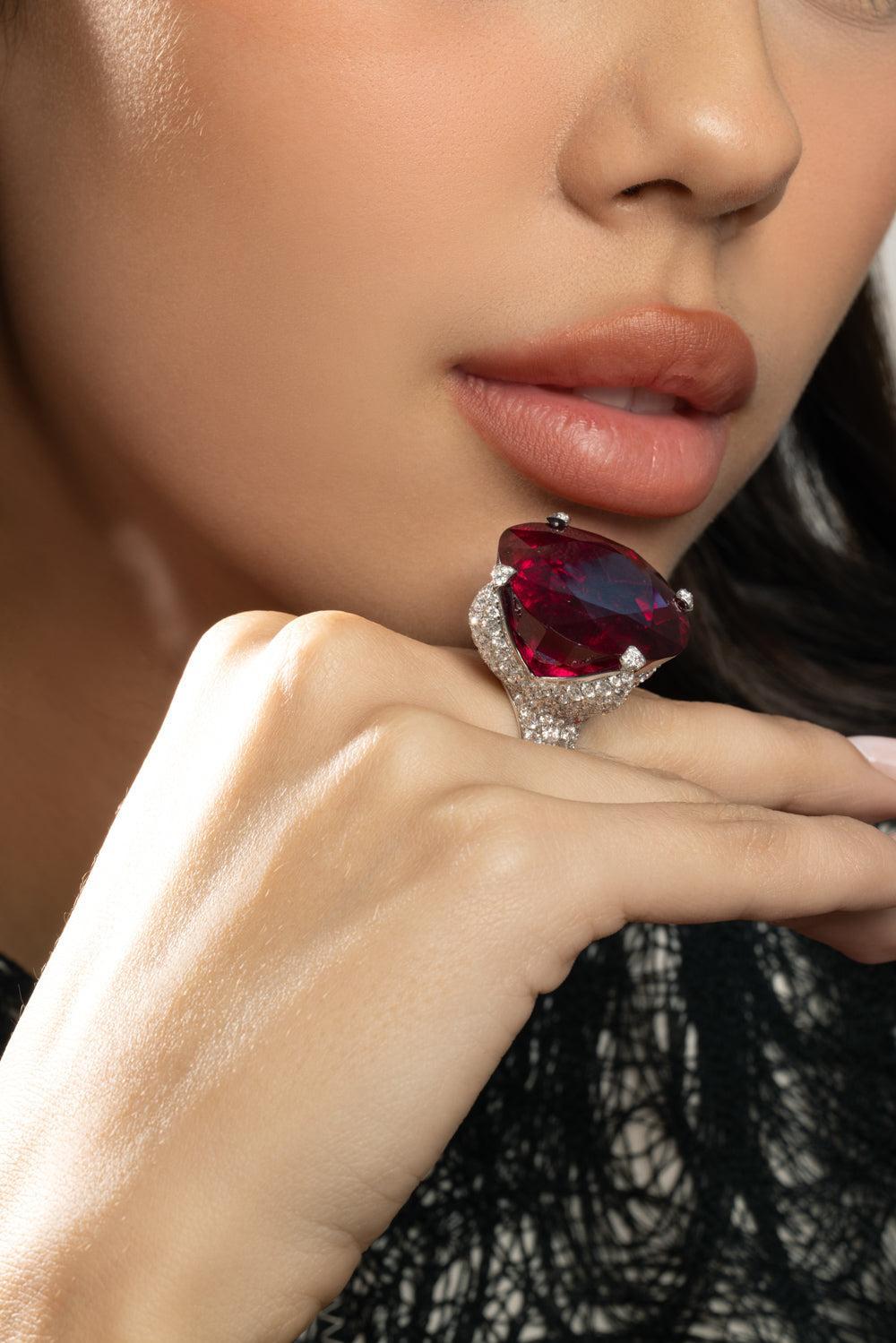 Rocky Crystal Ruby Flower Ring-WHITE GOLD-6.5-JEWELRYFINE JEWELRING-PIRANESI