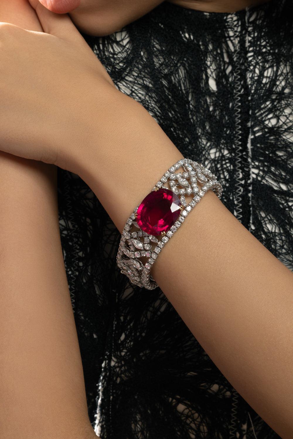 Rubellite Diamond Oval Bracelet-WHITE GOLD-JEWELRYFINE JEWELBRACELET O-PIRANESI