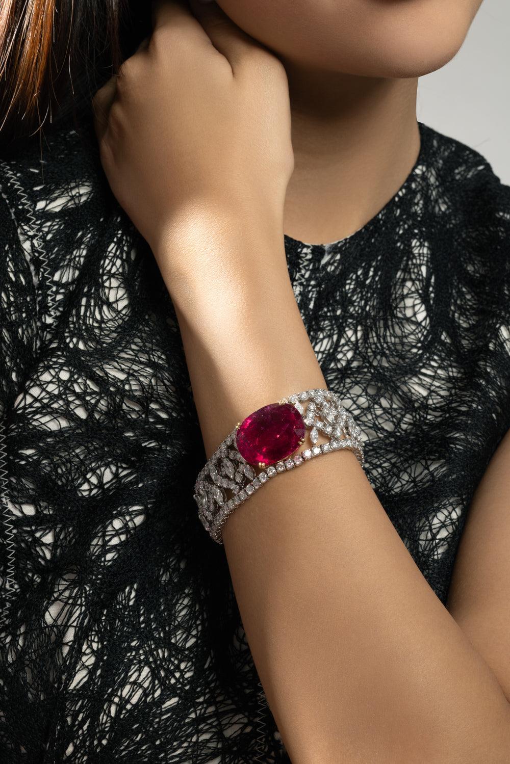 Rubellite Diamond Oval Bracelet-WHITE GOLD-JEWELRYFINE JEWELBRACELET O-PIRANESI