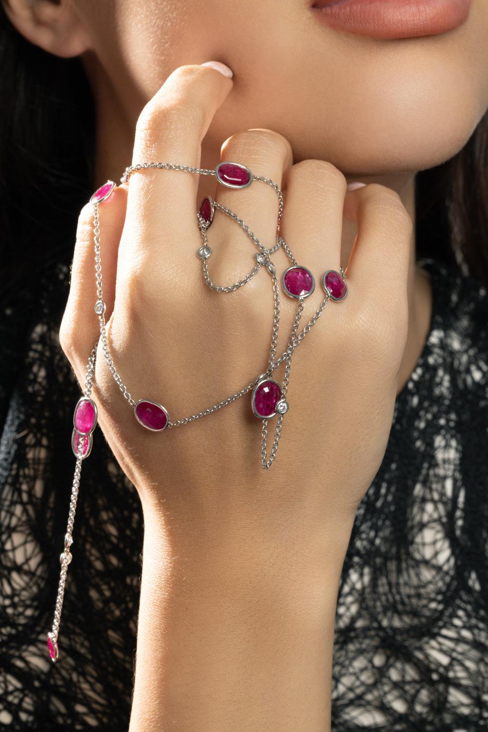 Ruby Diamond Oval Station Necklace-WHITE GOLD-39-JEWELRYFINE JEWELNECKLACE O-PIRANESI