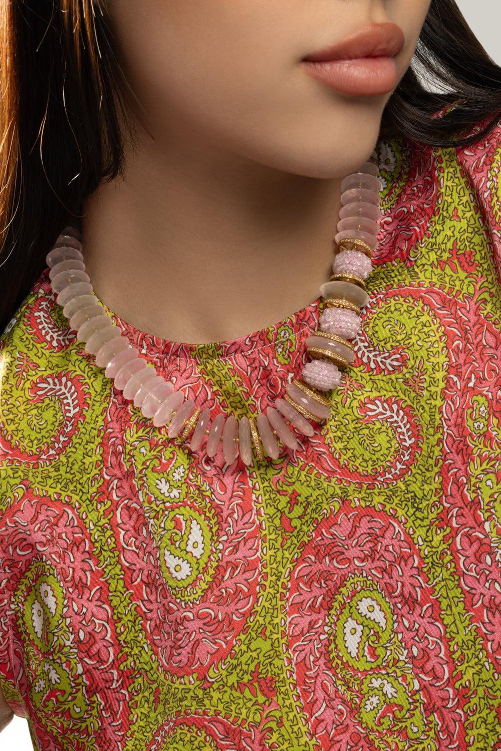 Rose Quartz Beaded Halo Necklace-YELLOW GOLD-JEWELRYFINE JEWELNECKLACE O-COOMI