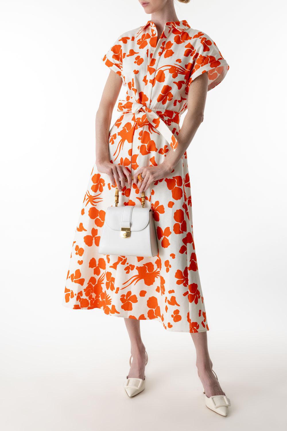 Short Sleeve Buttoned Print Dress-ORNG/WHT-38-CLOTHINGDRESSCASUAL-MANTU