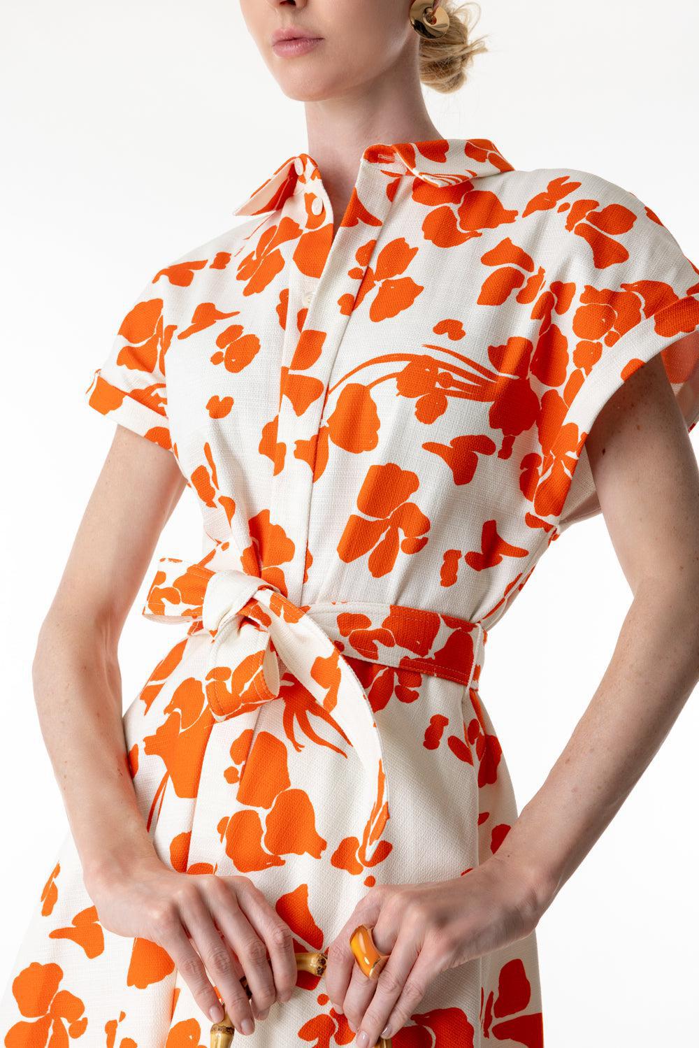 Short Sleeve Buttoned Print Dress-ORNG/WHT-38-CLOTHINGDRESSCASUAL-MANTU