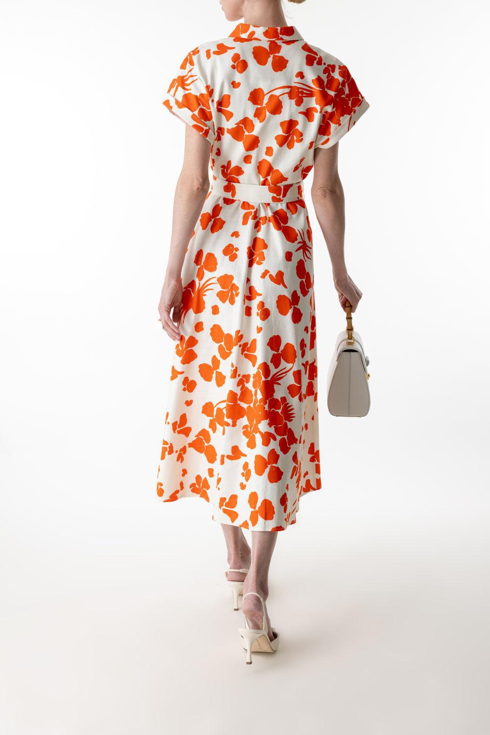 Short Sleeve Buttoned Print Dress-ORNG/WHT-38-CLOTHINGDRESSCASUAL-MANTU