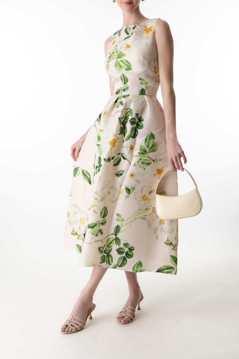monique lhuillier green floral dress Floral Sleeveless Day Dress 8 / Grass/Silk White