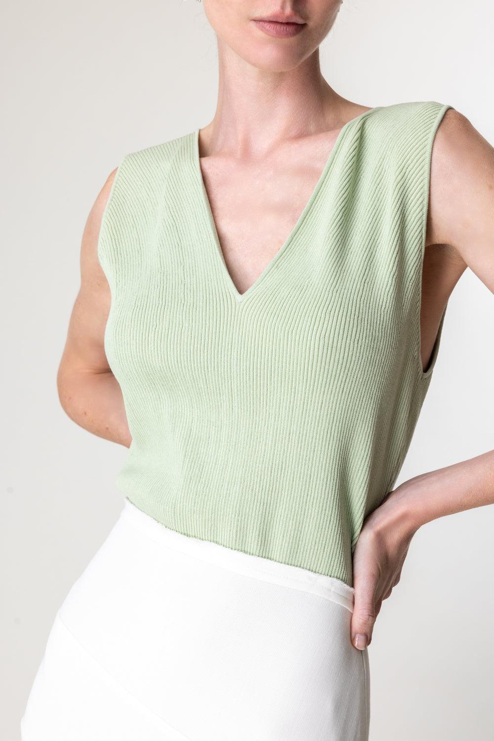 Ribbed V-Neck Tank-JADE-XS-CLOTHINGTOPTANK-VICTORIA BECKHAM