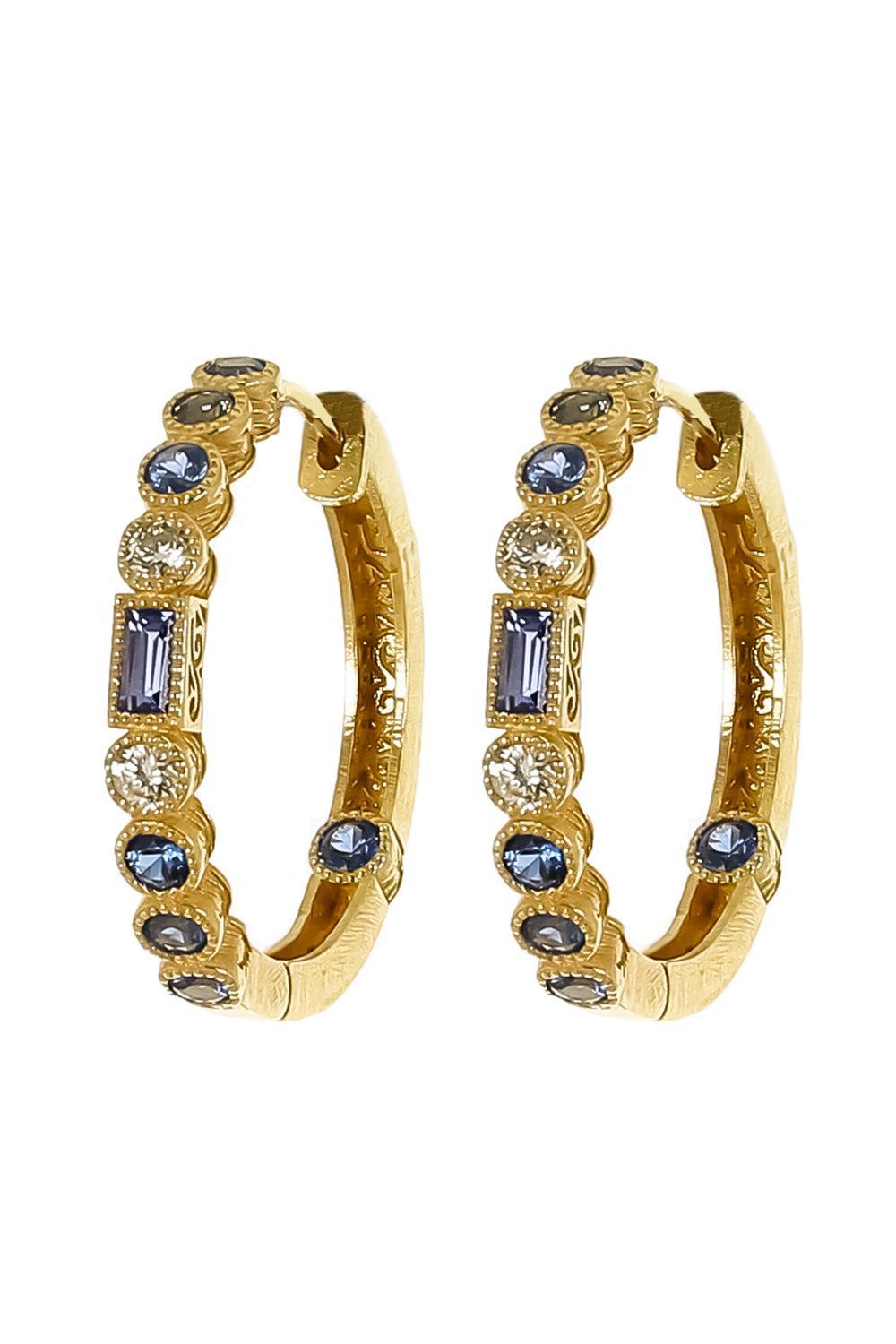 Blue Sapphire Modern Etruscan Bezel Hoop Earrings-YELLOW GOLD-JEWELRYFINE JEWELEARRING-TANYA FARAH