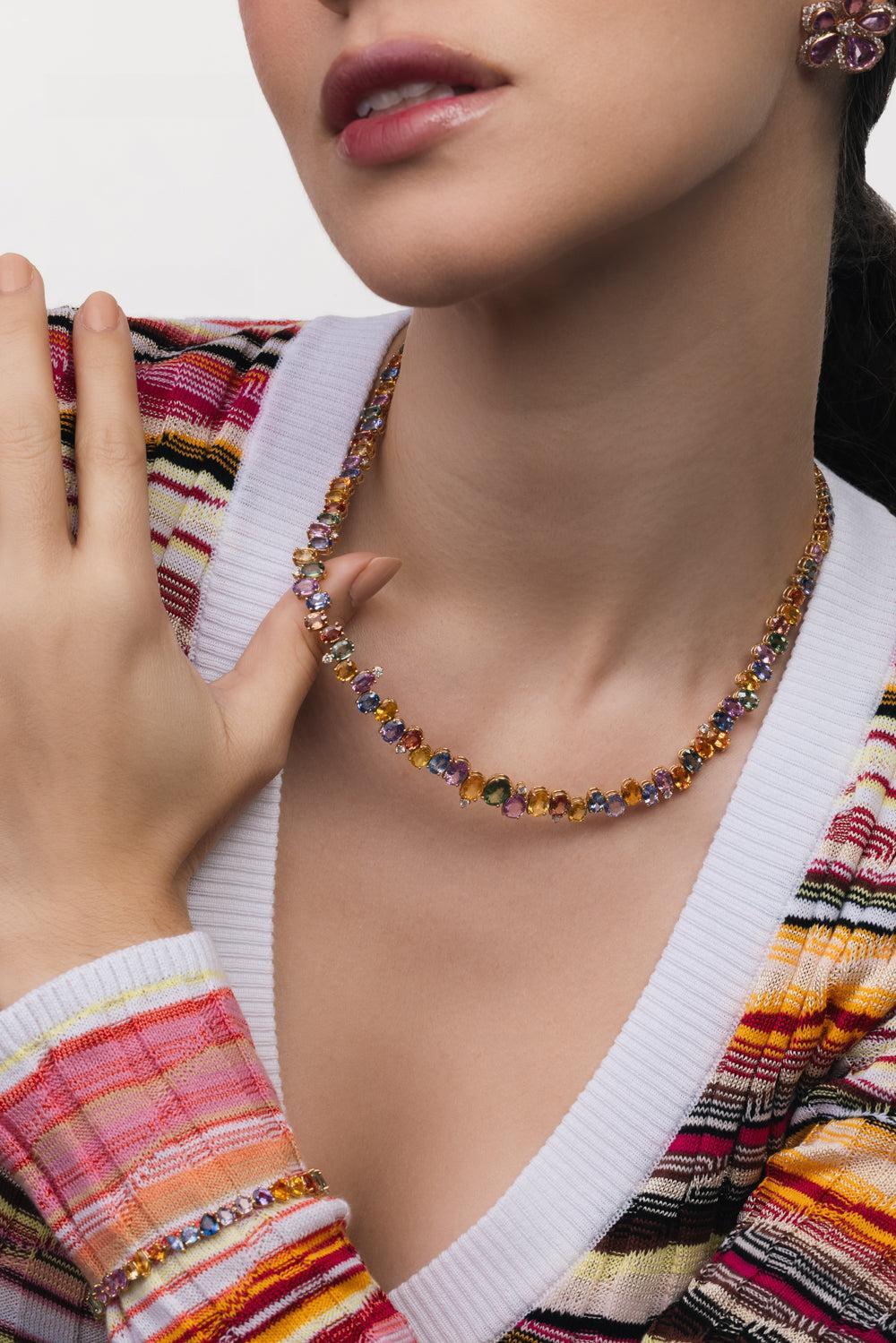 Prisma Multi-Colored Sapphire Tennis Necklace-YELLOW GOLD-17-JEWELRYFINE JEWELNECKLACE O-RUCHI NEW YORK