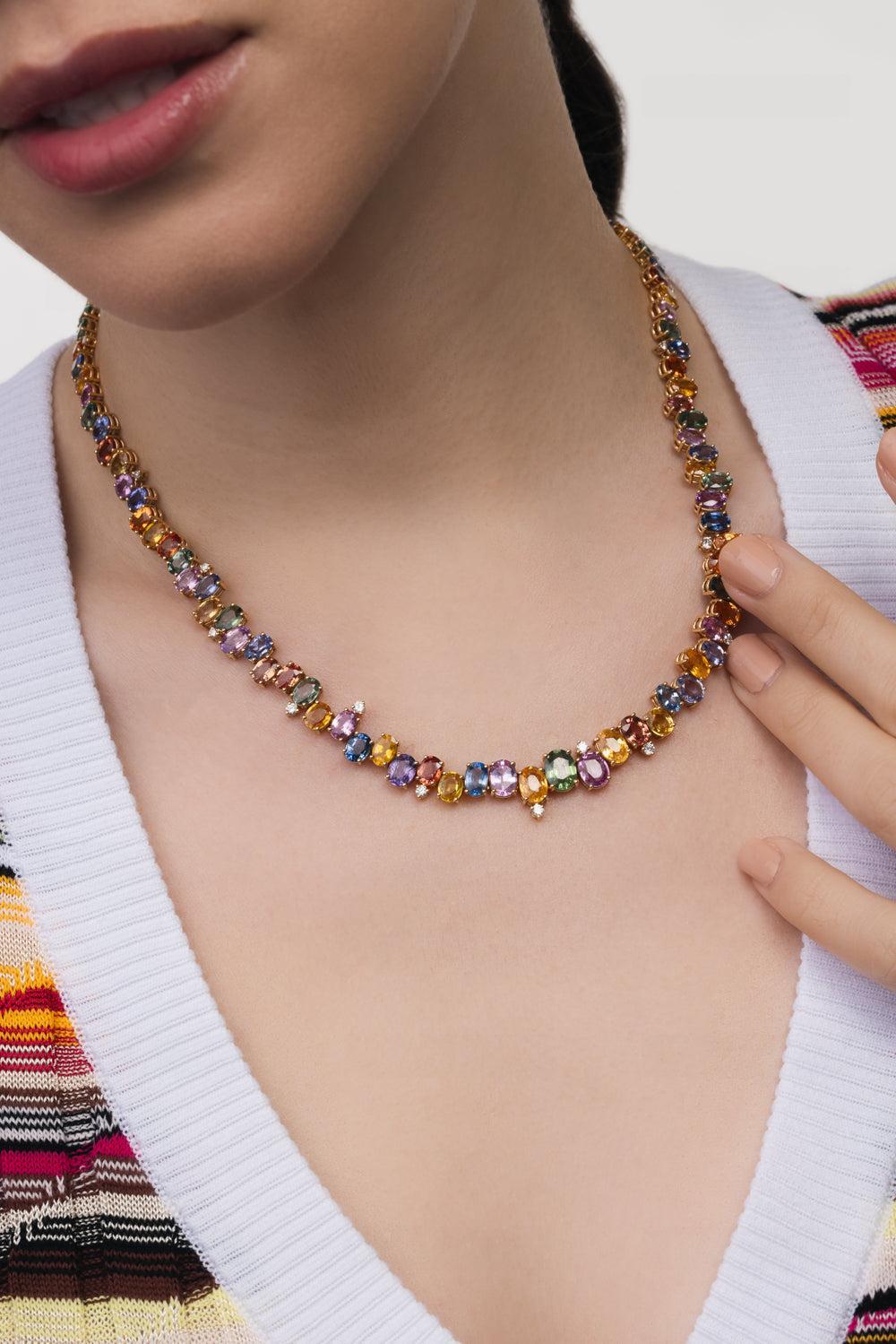 Prisma Multi-Colored Sapphire Tennis Necklace-YELLOW GOLD-17-JEWELRYFINE JEWELNECKLACE O-RUCHI NEW YORK