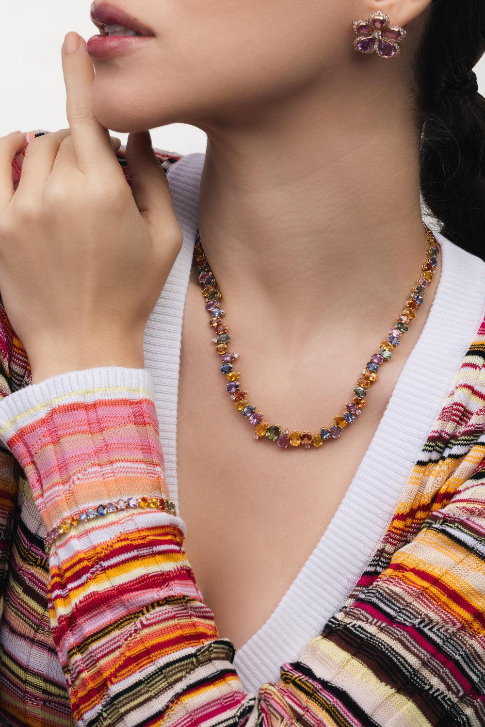 Prisma Multi-Colored Sapphire Tennis Necklace-YELLOW GOLD-17-JEWELRYFINE JEWELNECKLACE O-RUCHI NEW YORK