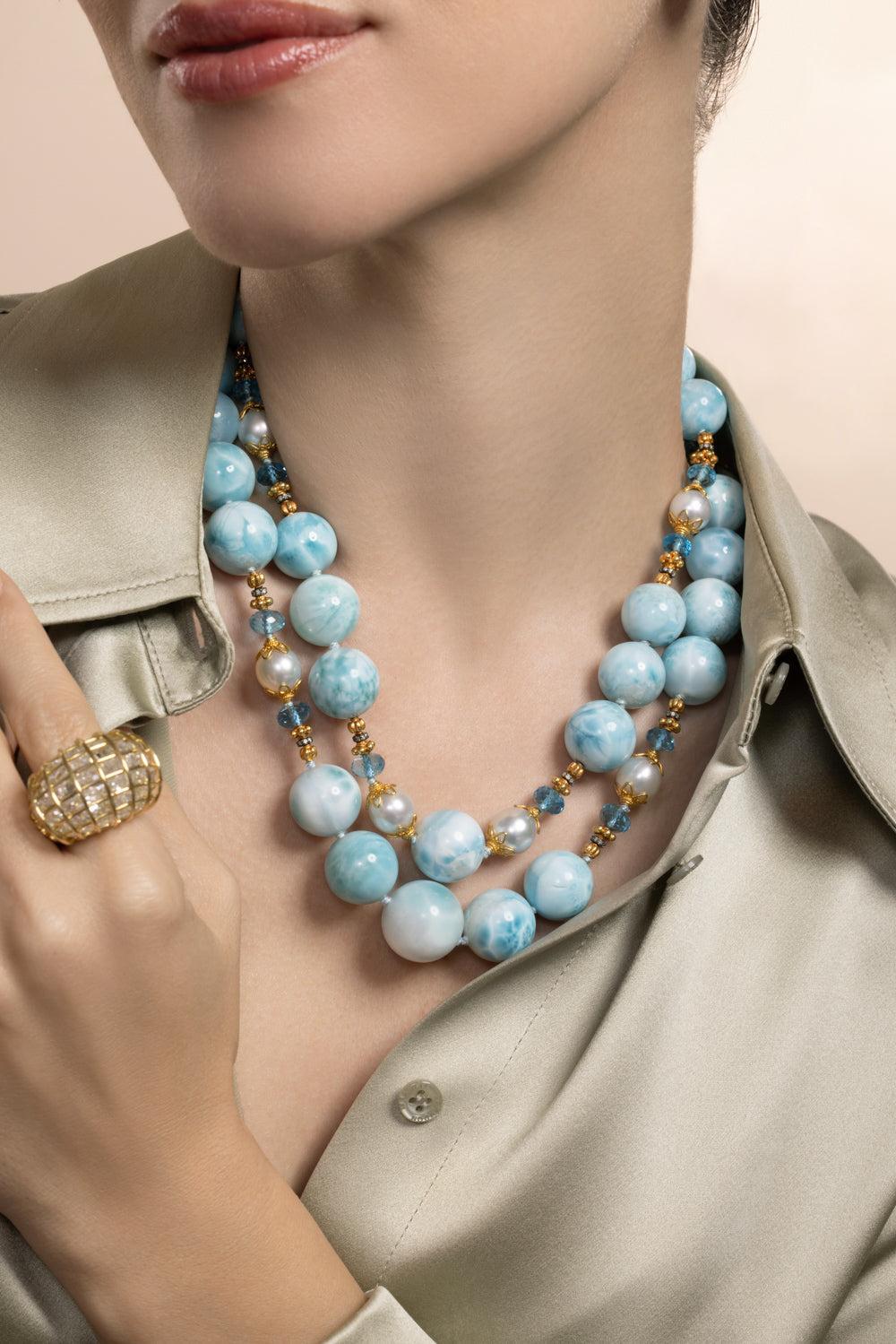 Diamond Sapphire Topaz Double Strand Necklace-YELLOW GOLD-18-JEWELRYFINE JEWELNECKLACE O-VERDURA