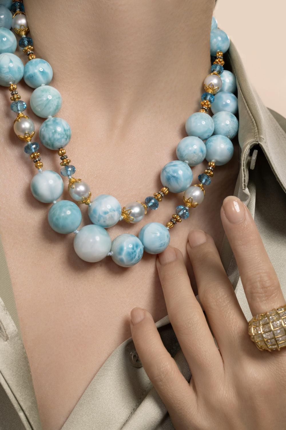 Diamond Sapphire Topaz Double Strand Necklace-YELLOW GOLD-18-JEWELRYFINE JEWELNECKLACE O-VERDURA