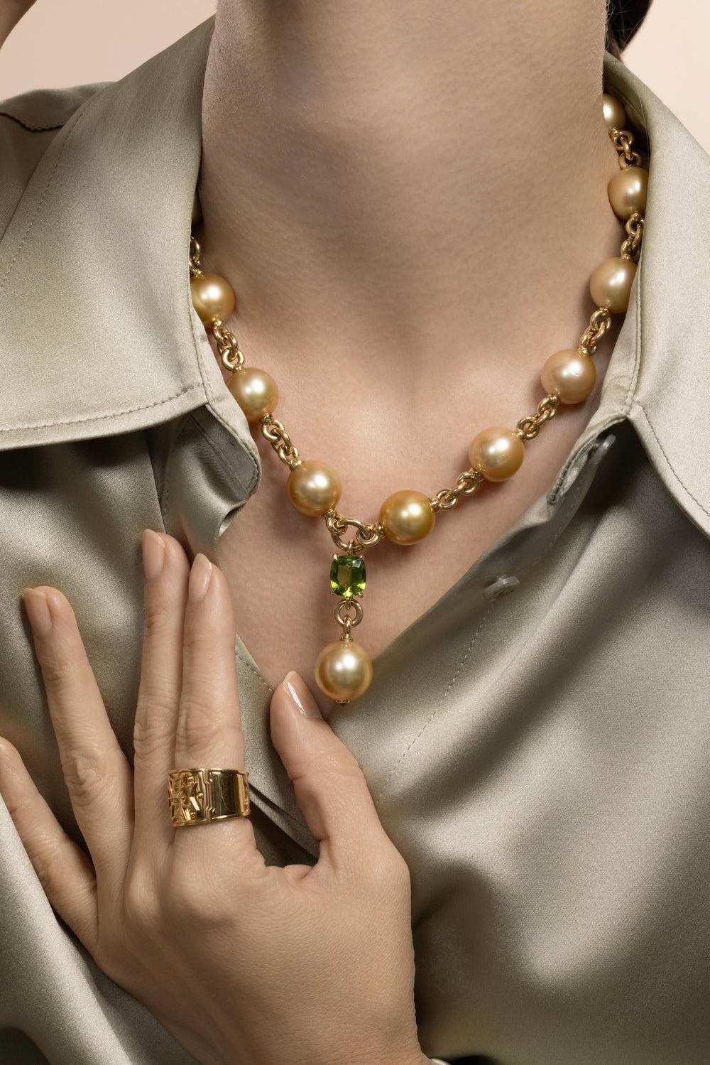 Peridot Tsavorite Garnet Pearl Y Necklace-YELLOW GOLD-JEWELRYFINE JEWELNECKLACE O-VERDURA