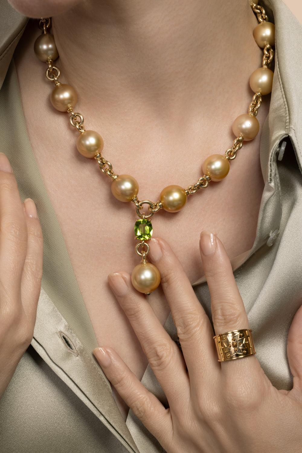 Peridot Tsavorite Garnet Pearl Y Necklace-YELLOW GOLD-JEWELRYFINE JEWELNECKLACE O-VERDURA