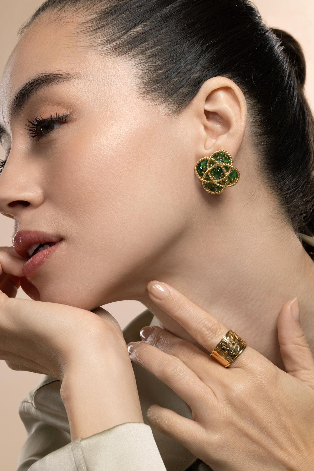 Tsavorite Garnet Quatrefoil Earrings-YELLOW GOLD-JEWELRYFINE JEWELEARRING-VERDURA