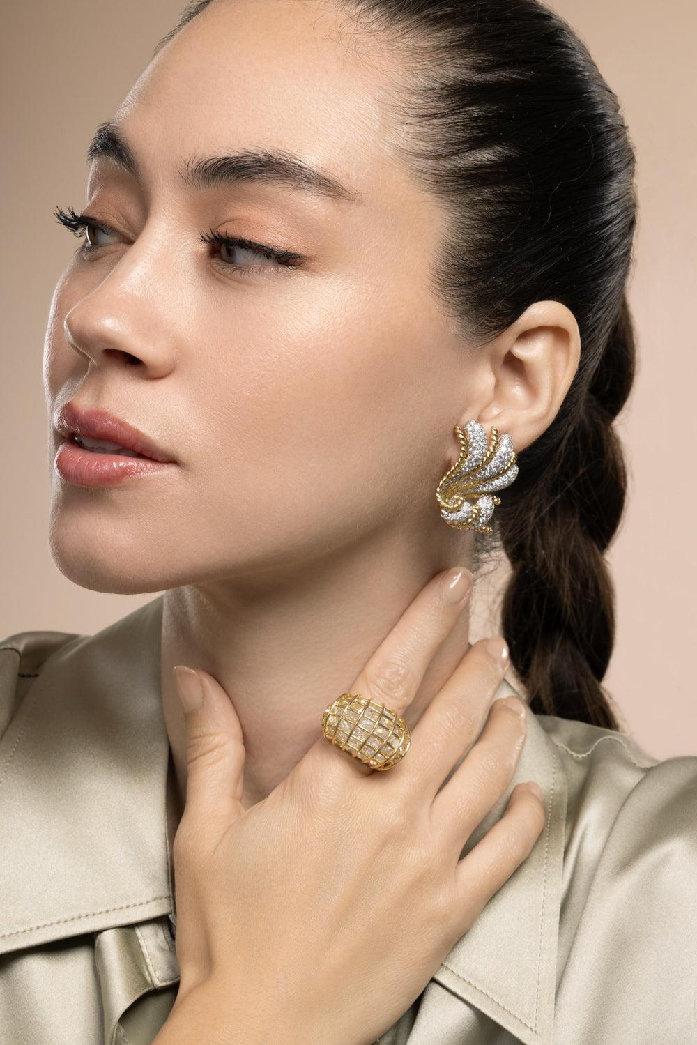 Diamond Fan Earrings-YELLOW GOLD-JEWELRYFINE JEWELEARRING-VERDURA