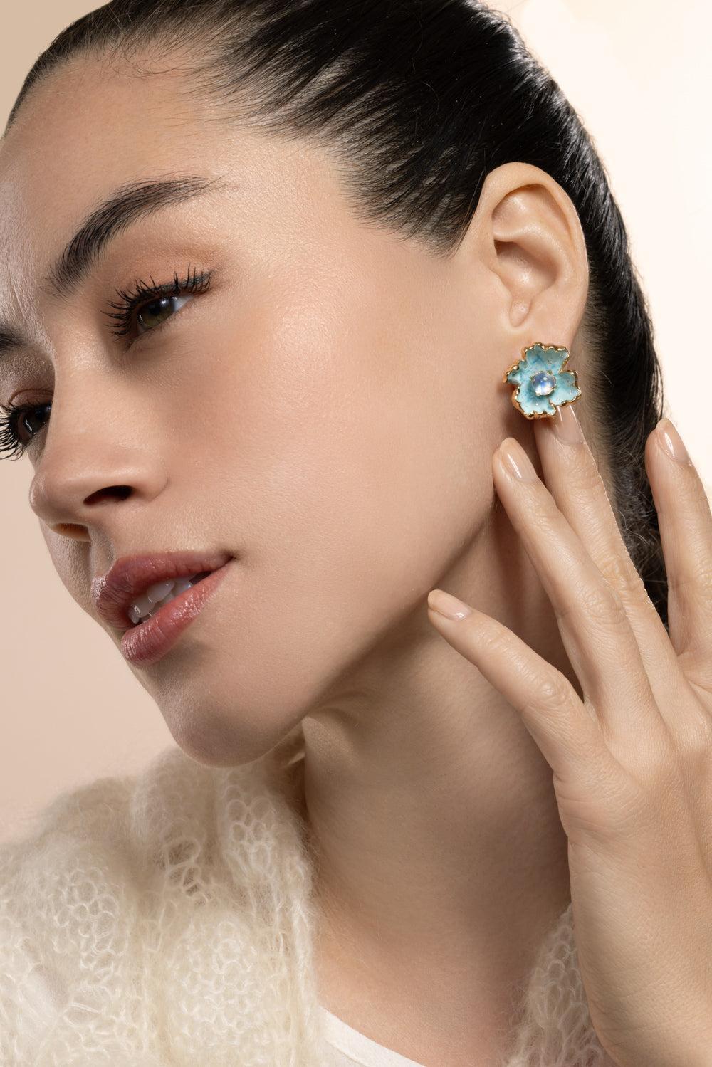 Moonstone Blue Flower Earrings-YELLOW GOLD-JEWELRYFINE JEWELEARRING-VICTOR VELYAN
