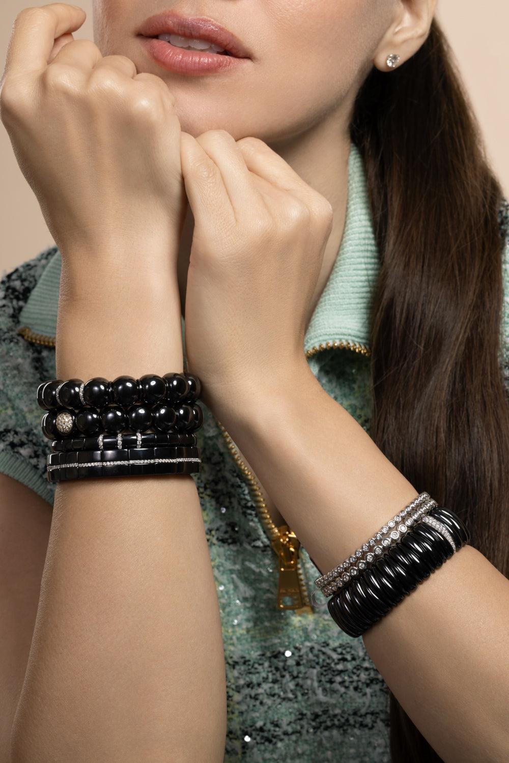 Diamond Three Bar Black Dama Stretch Bracelet-WHITE GOLD-JEWELRYFINE JEWELBRACELET O-ROBERTO DEMEGLIO
