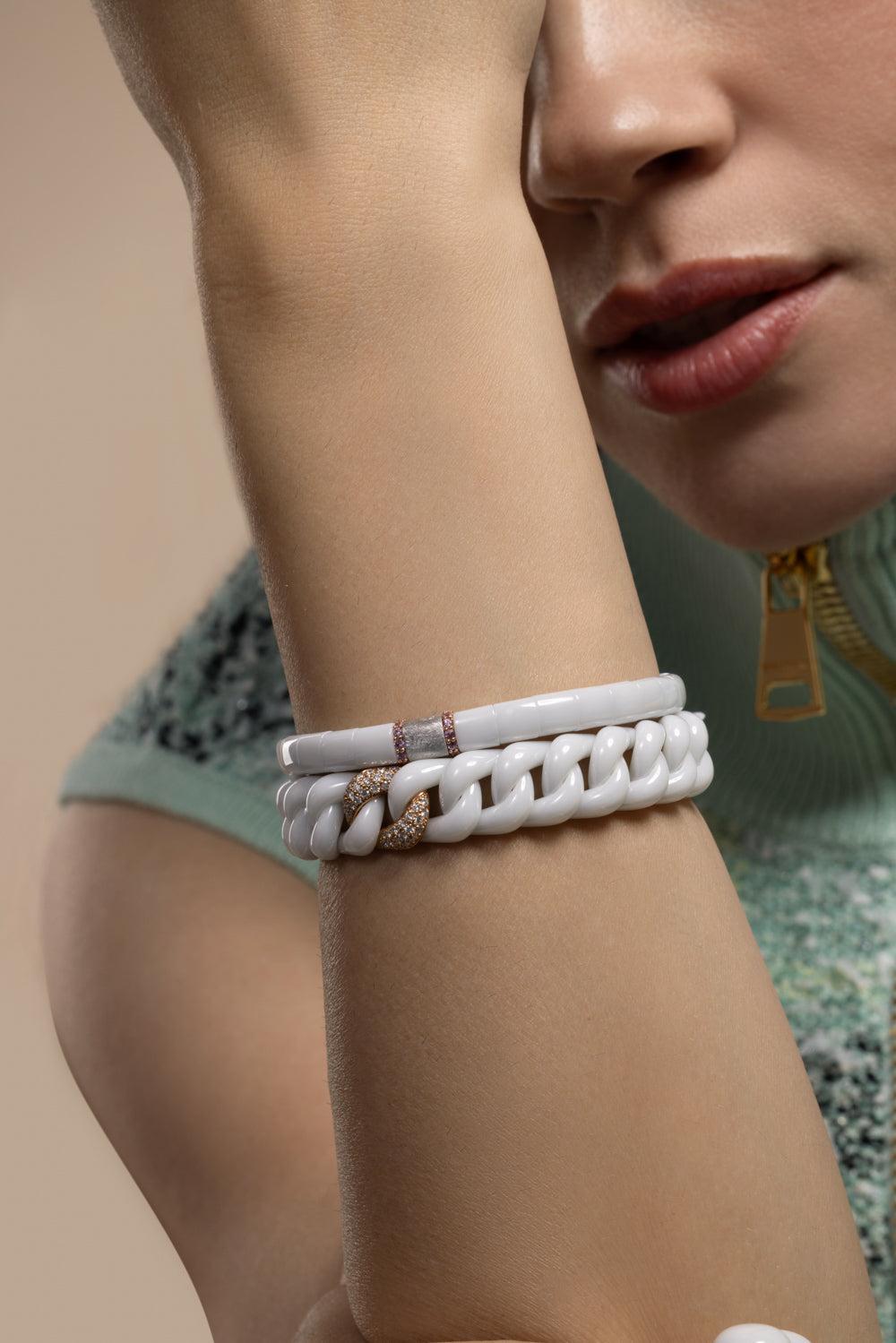 Pink Sapphire Matte White Stretch Bracelet-WHITE GOLD-JEWELRYFINE JEWELBRACELET O-ROBERTO DEMEGLIO