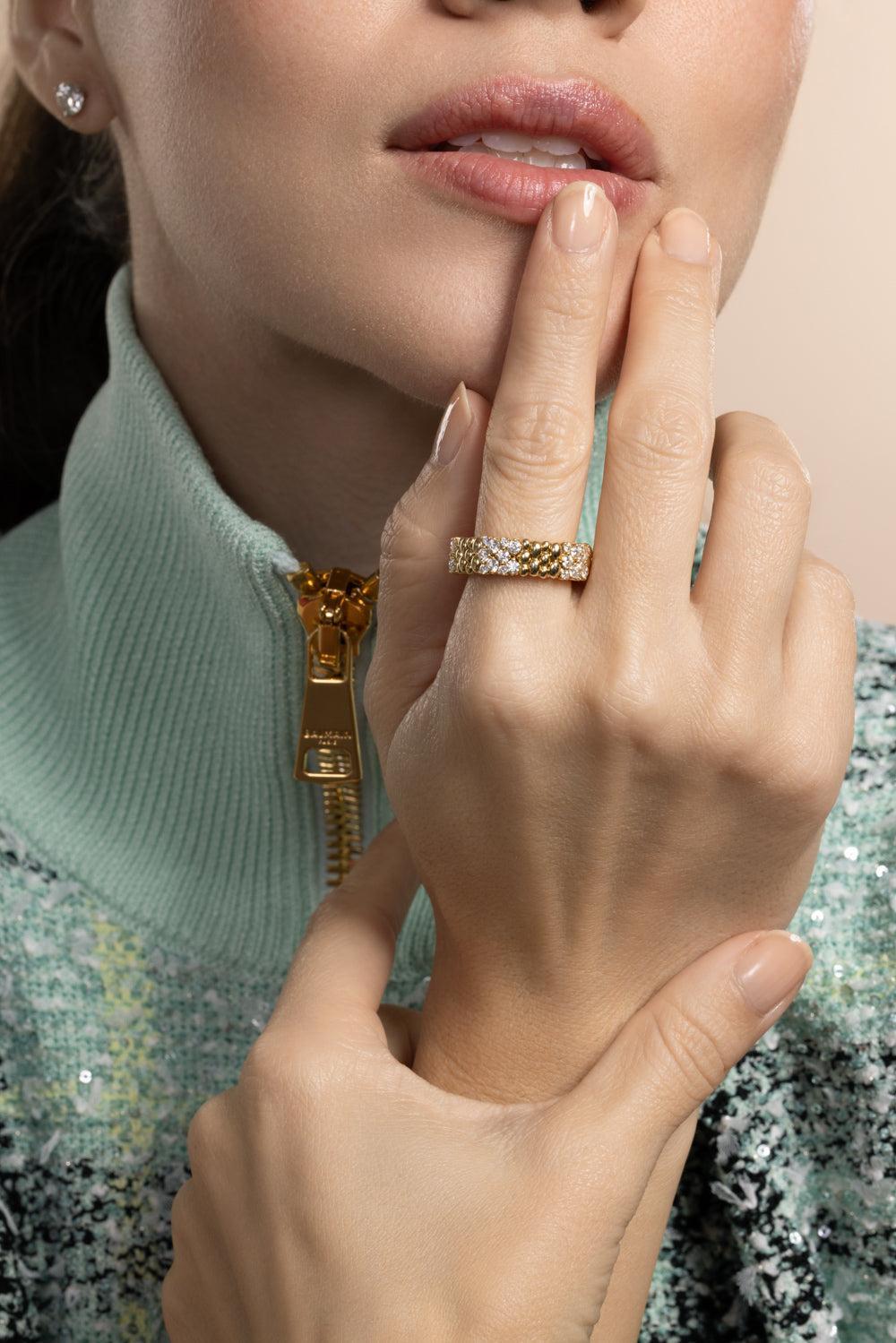 Diamond White Two Row Cashmere Ring-YELLOW GOLD-6-JEWELRYFINE JEWELRING-ROBERTO DEMEGLIO