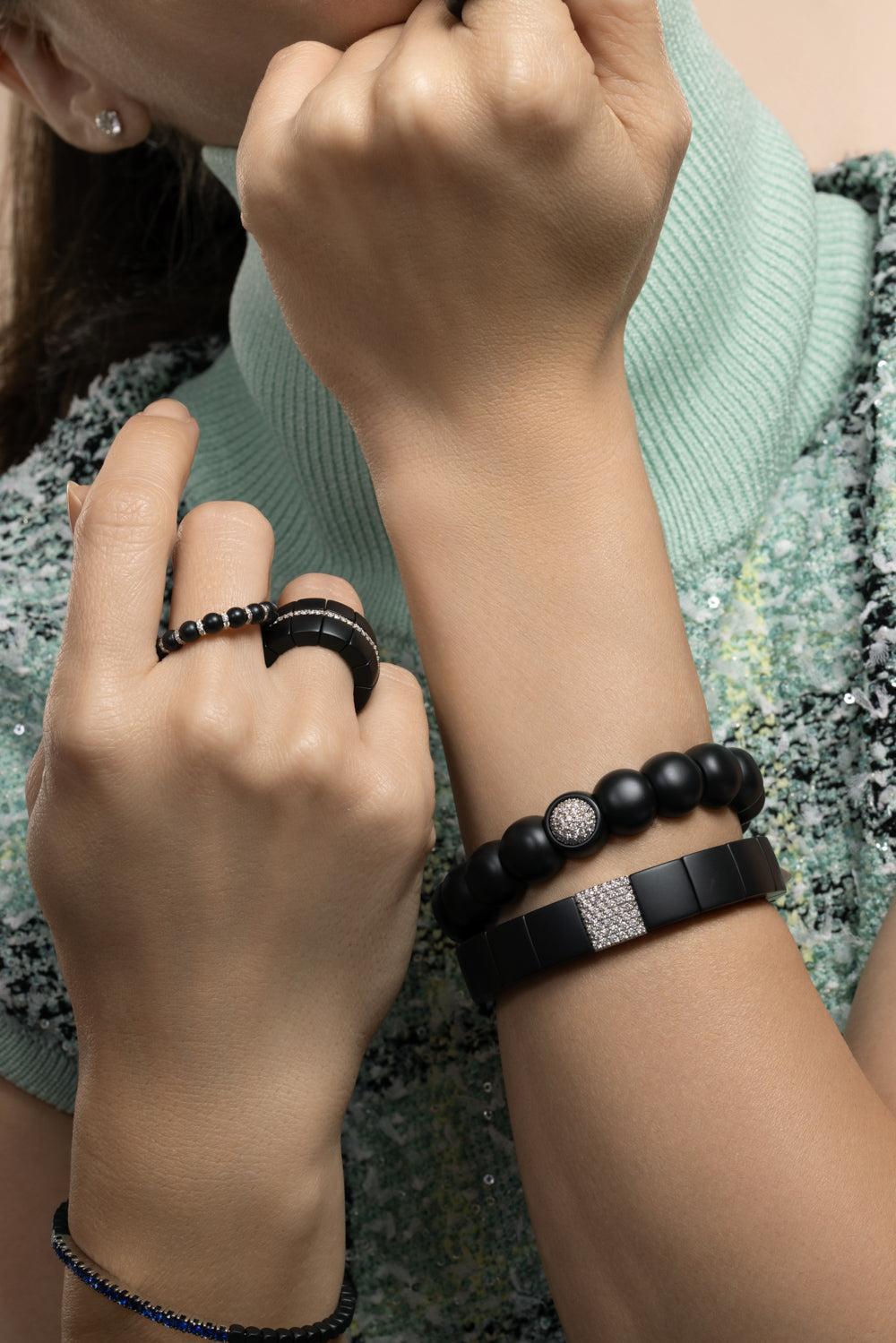 Diamond Matte Black Dama Stretch Bracelet-WHITE GOLD-JEWELRYFINE JEWELBRACELET O-ROBERTO DEMEGLIO
