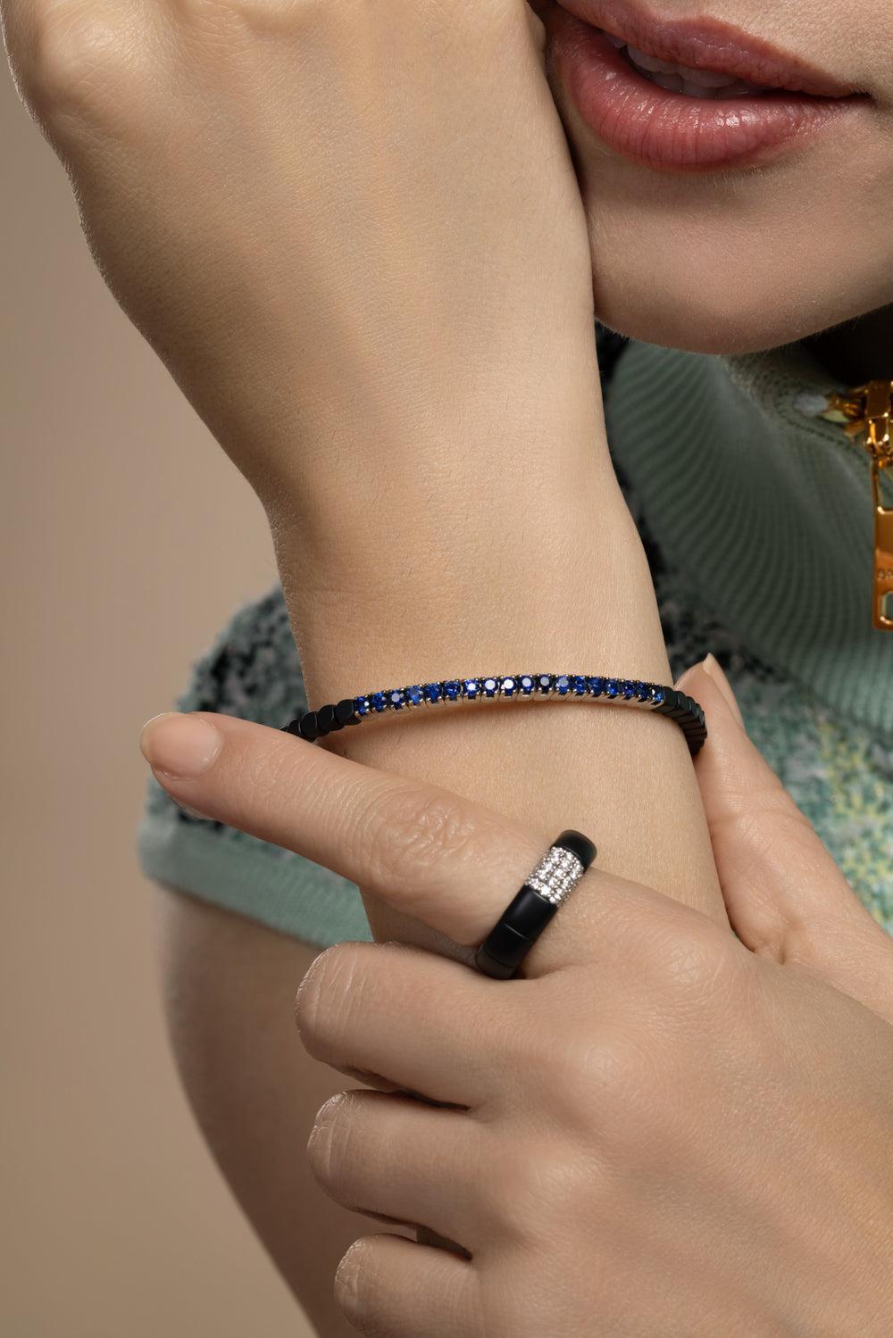 Blue Sapphire Matte Black Dado Stretch Bracelet-WHITE GOLD-JEWELRYFINE JEWELBRACELET O-ROBERTO DEMEGLIO