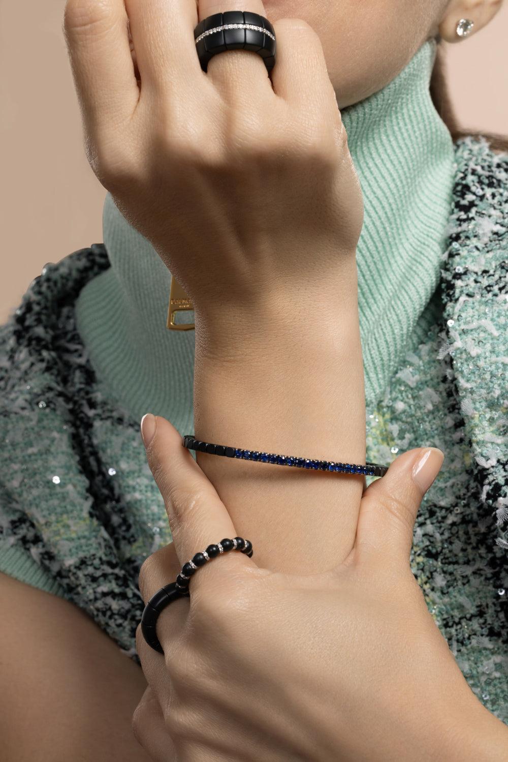 Blue Sapphire Matte Black Dado Stretch Bracelet-WHITE GOLD-JEWELRYFINE JEWELBRACELET O-ROBERTO DEMEGLIO