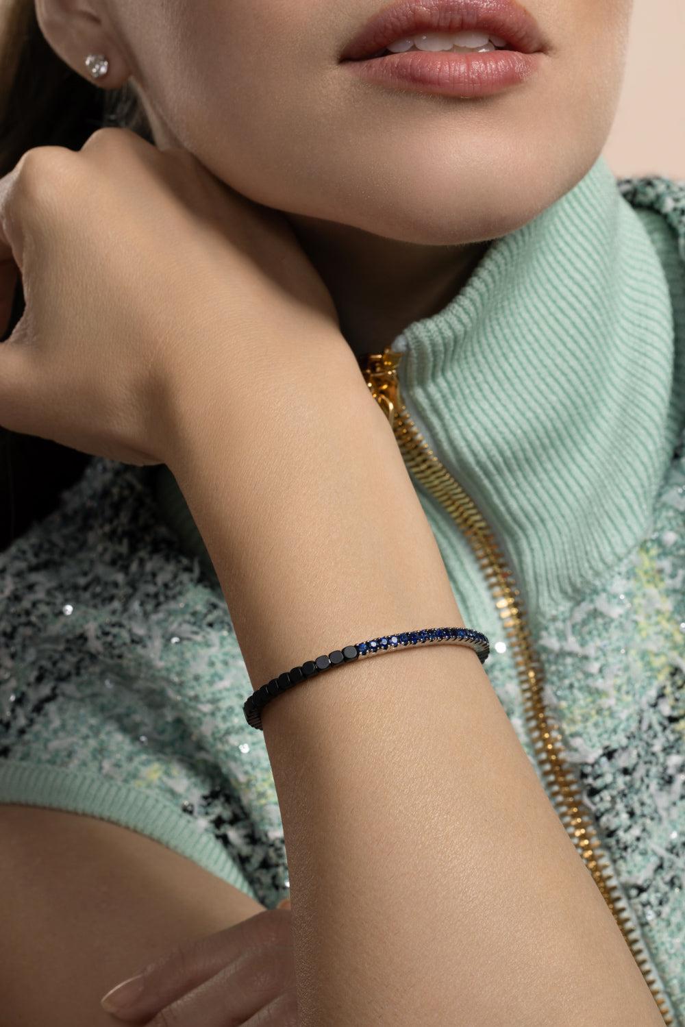 Blue Sapphire Matte Black Dado Stretch Bracelet-WHITE GOLD-JEWELRYFINE JEWELBRACELET O-ROBERTO DEMEGLIO
