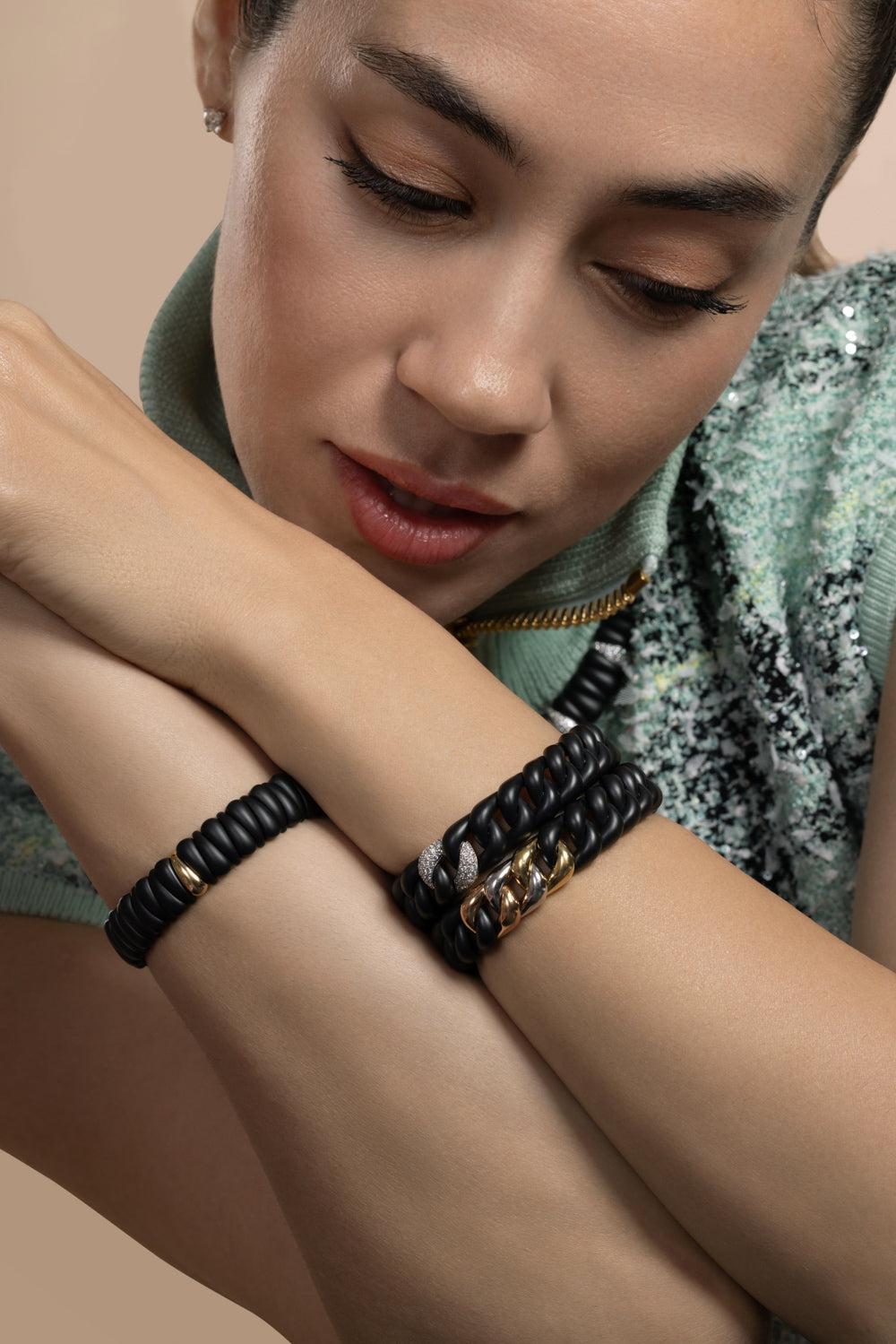 One Link Matte Black Artiglio Stretch Bracelet-YELLOW GOLD-JEWELRYFINE JEWELBRACELET O-ROBERTO DEMEGLIO