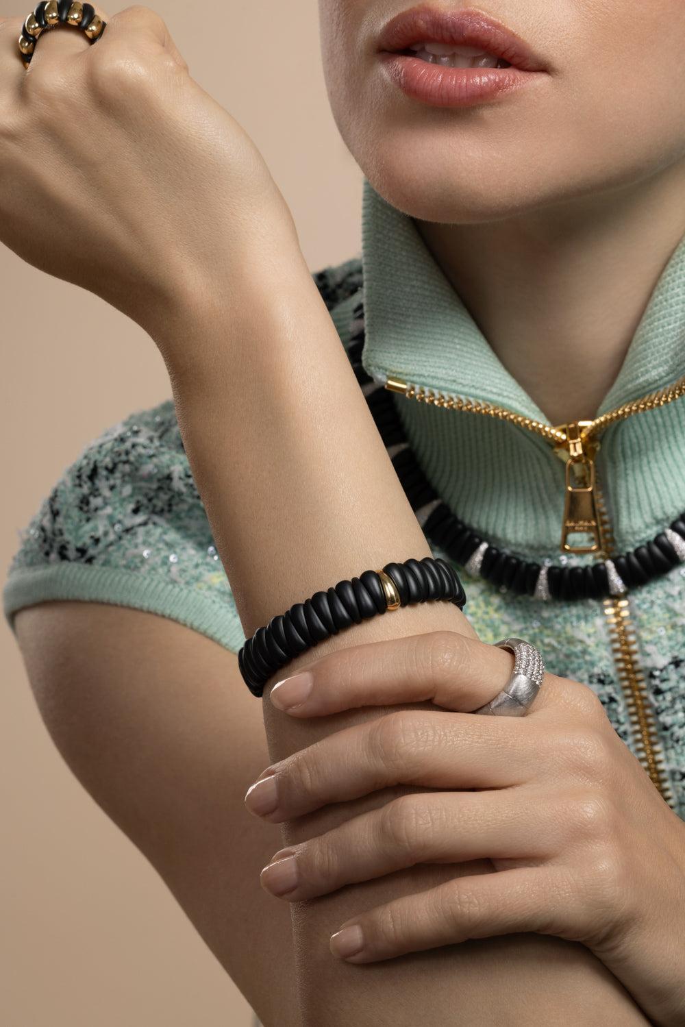 One Link Matte Black Artiglio Stretch Bracelet-YELLOW GOLD-JEWELRYFINE JEWELBRACELET O-ROBERTO DEMEGLIO