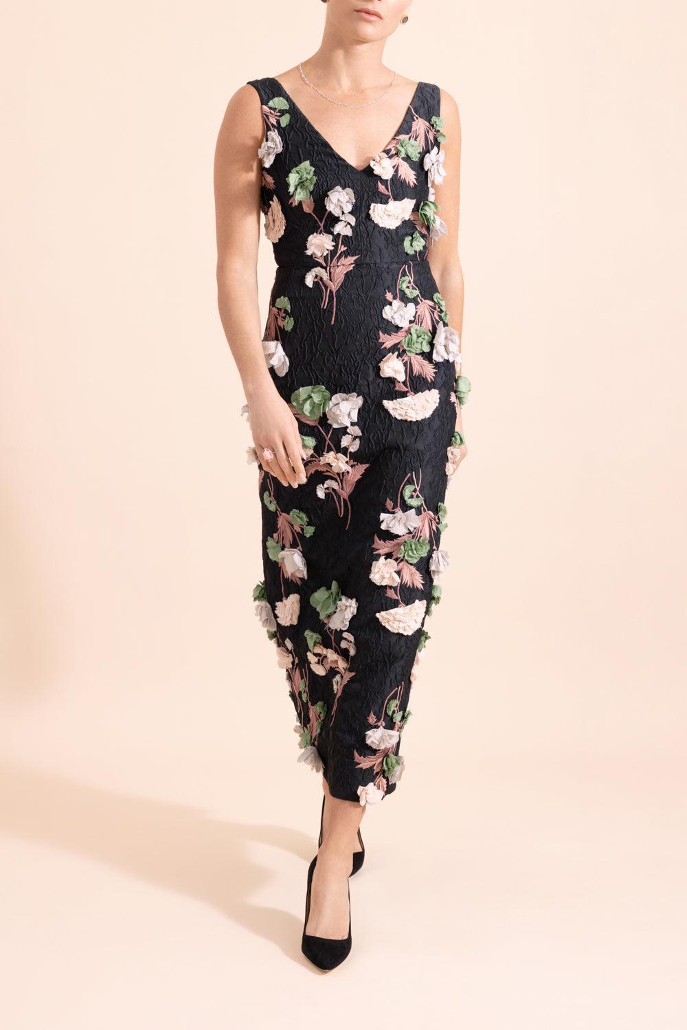 Sleeveless 3D Floral Cocktail Dress-BLACK-4-CLOTHINGDRESSCOCKTAIL-ERDEM