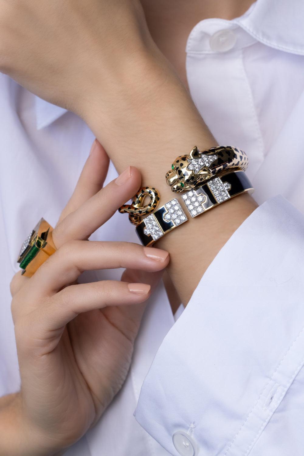 Black Enamel Diamond Lane Bracelet-YELLOW GOLD-JEWELRYFINE JEWELBRACELET O-DAVID WEBB
