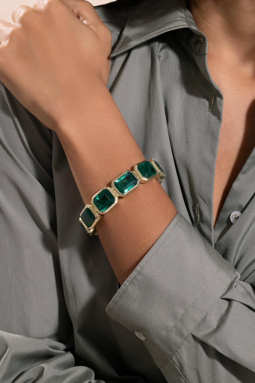 Emerald Diamond Tennis Bracelet-YELLOW GOLD-JEWELRYFINE JEWELBRACELET O-SYLVA & CIE