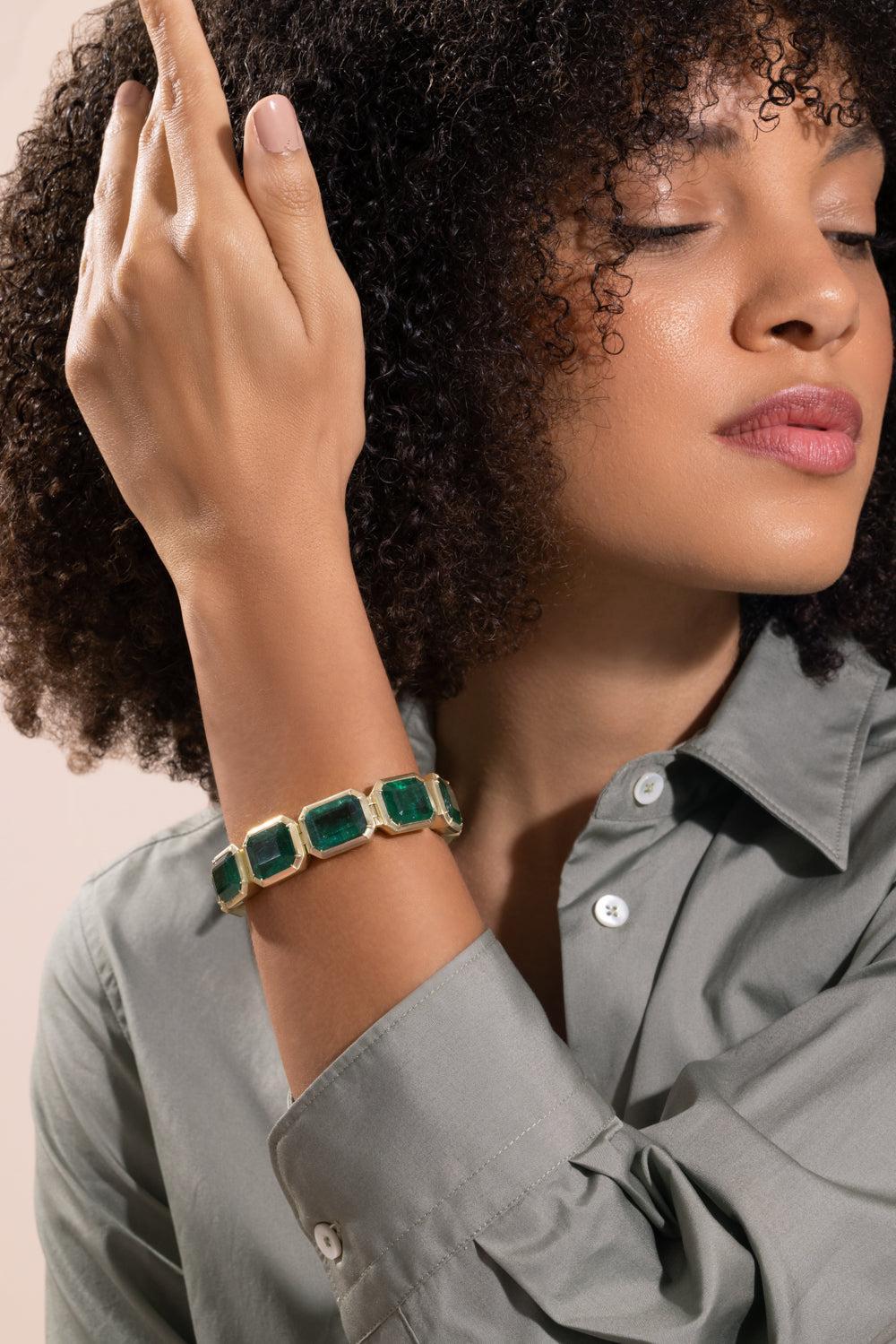 Emerald Diamond Tennis Bracelet-YELLOW GOLD-JEWELRYFINE JEWELBRACELET O-SYLVA & CIE