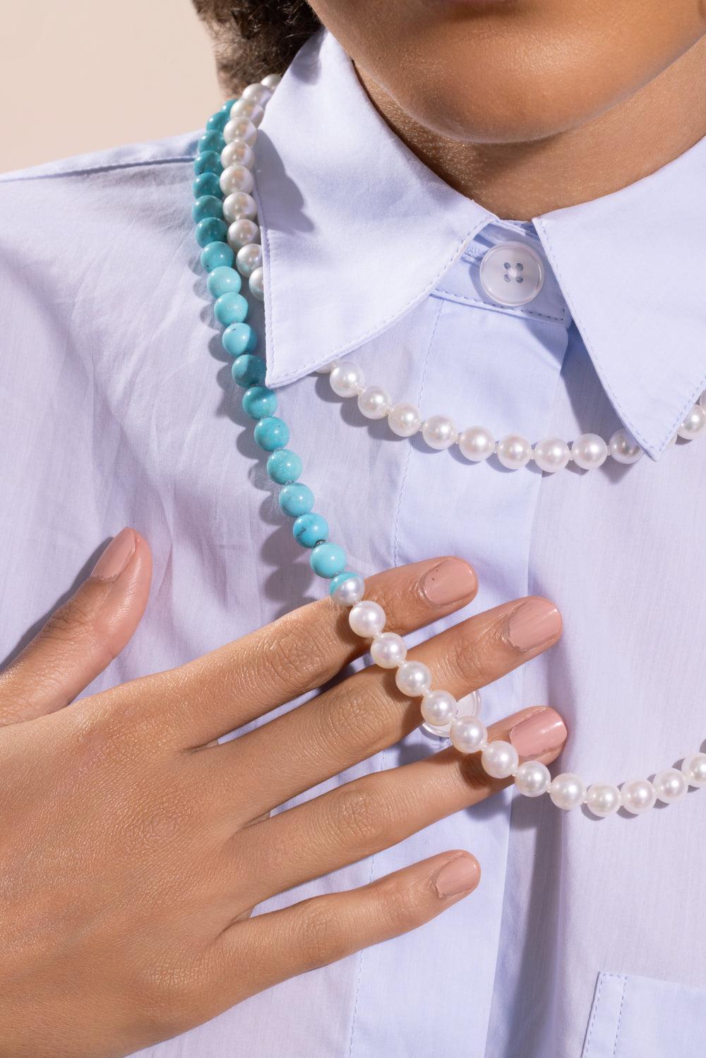 Turquoise Pearl Sectional Necklace-YELLOW GOLD-JEWELRYFINE JEWELNECKLACE O-YUTAI