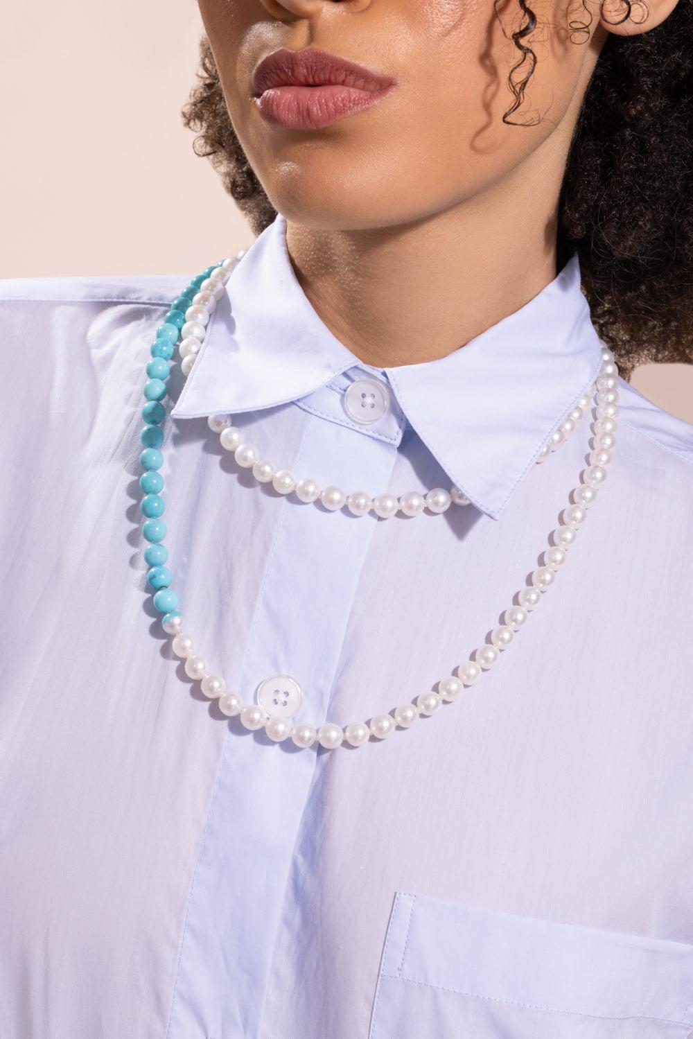 Turquoise Pearl Sectional Necklace-YELLOW GOLD-JEWELRYFINE JEWELNECKLACE O-YUTAI