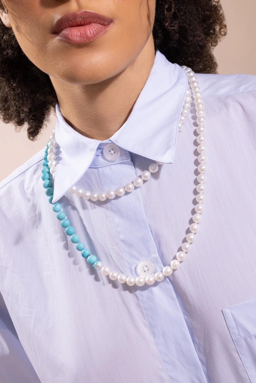 Turquoise Pearl Sectional Necklace-YELLOW GOLD-JEWELRYFINE JEWELNECKLACE O-YUTAI