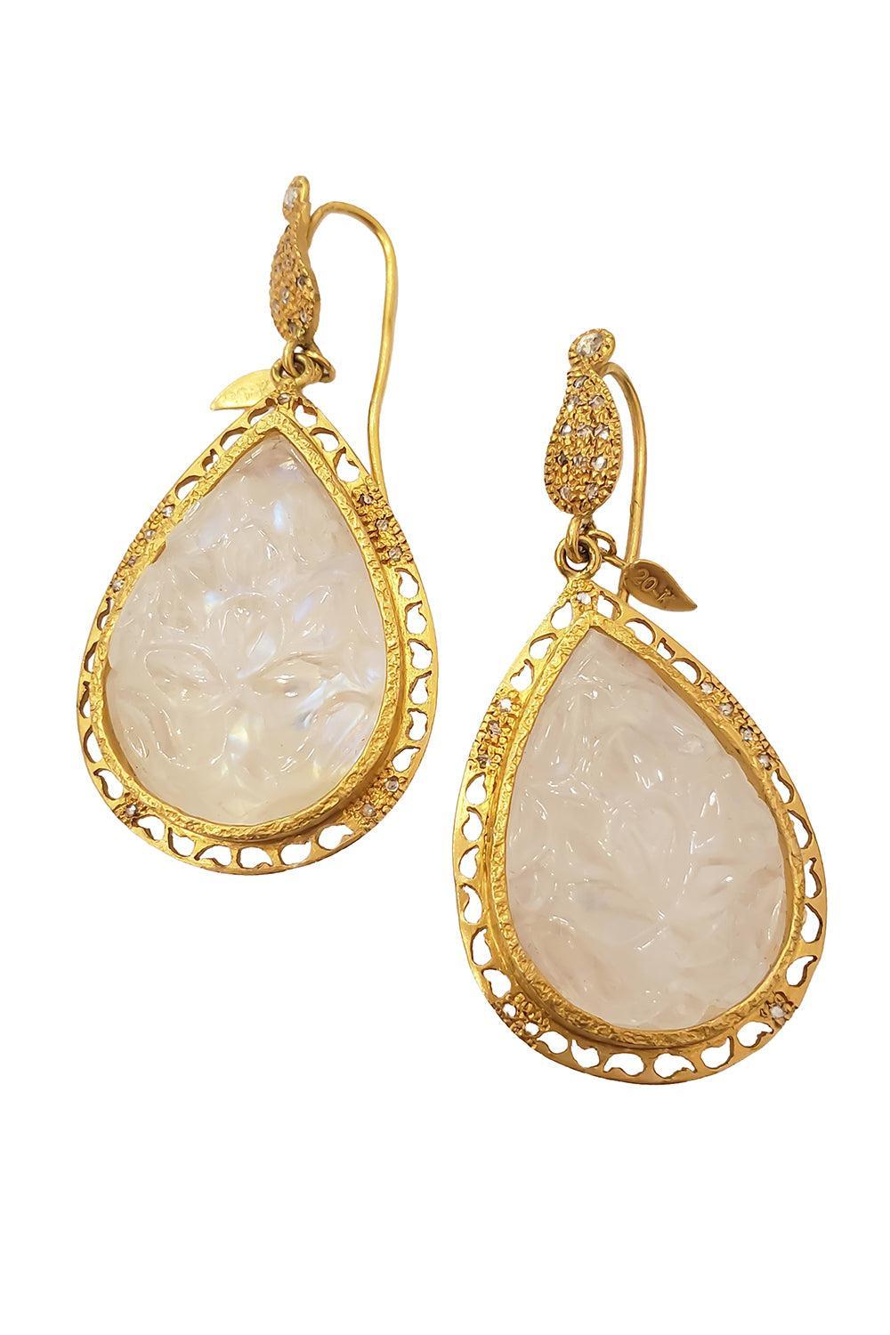 Diamond Moonstone Carved Antiquity Earrings-YELLOW GOLD-JEWELRYFINE JEWELEARRING-COOMI