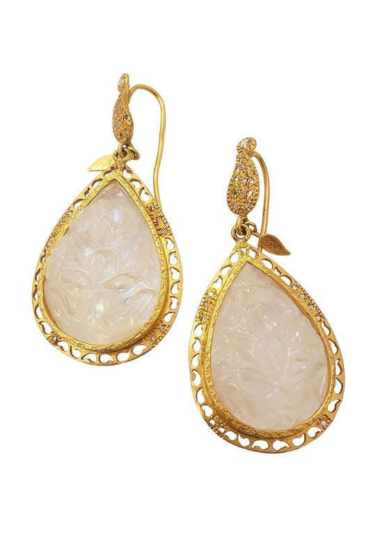 Diamond Moonstone Carved Antiquity Earrings-YELLOW GOLD-JEWELRYFINE JEWELEARRING-COOMI