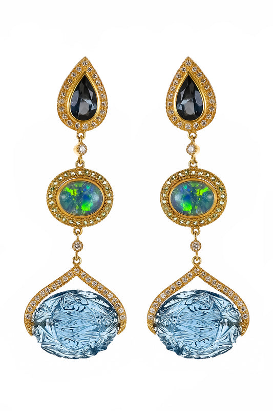 London Blue Topaz Opal Three Drop Affinity Earrings